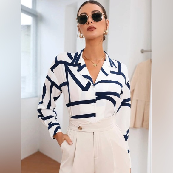 Navy and White Blouse - S - Picture 3 of 6